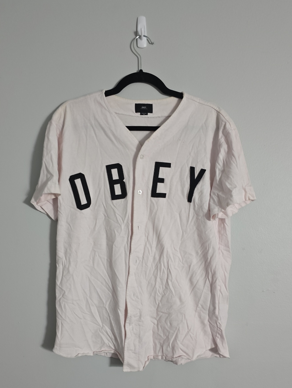 OBEY Pale Pink Button-Up Baseball Jersey with Black Logo